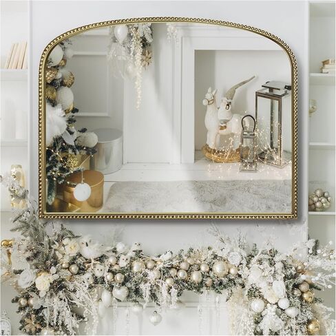 Antique Gold Arched Wall Mirror - 36"x28" with Metal Beaded Frame | Decorative Accent Mirror for Fireplace, Bedroom, Living Room, Dresser, Mantle in Kuwait