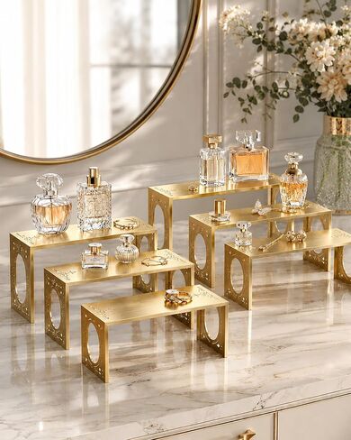 Gold Purse Display Stands Set of 6, Brushed Stainless Steel Display Risers with Laser-Cut Design, Metal Handbag Perfume Jewelry Stands for Vanity, Closet, Boutique & Retail Countertop Display (Gold 6) in Saudi Arabia