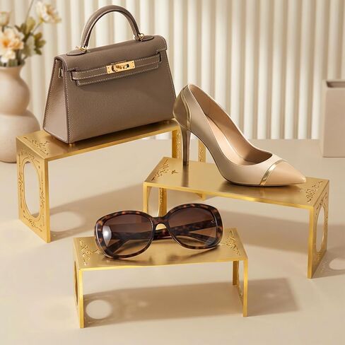 Gold Purse Display Stands Set of 6, Brushed Stainless Steel Display Risers with Laser-Cut Design, Metal Handbag Perfume Jewelry Stands for Vanity, Closet, Boutique & Retail Countertop Display (Gold 6) in Saudi Arabia