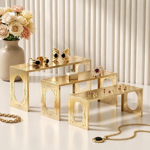Gold Purse Display Stands Set of 6, Brushed Stainless Steel Display Risers with Laser-Cut Design, Metal Handbag Perfume Jewelry Stands for Vanity, Closet, Boutique & Retail Countertop Display (Gold 6) in Saudi Arabia
