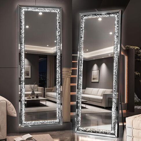 LED Over The Door Mirror Full Length 47"x18", Crystal Crush Diamond Full Body Door Mirror with Lights, Door Hanging & Wall Mounted Mirror for Bedroom, Living Room, Cloakroom in Saudi Arabia