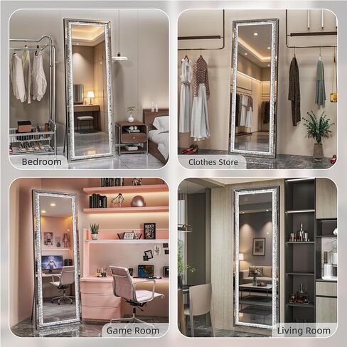 LED Over The Door Mirror Full Length 47"x18", Crystal Crush Diamond Full Body Door Mirror with Lights, Door Hanging & Wall Mounted Mirror for Bedroom, Living Room, Cloakroom in Saudi Arabia