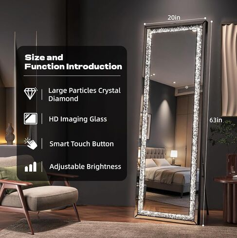 LED Over The Door Mirror Full Length 47"x18", Crystal Crush Diamond Full Body Door Mirror with Lights, Door Hanging & Wall Mounted Mirror for Bedroom, Living Room, Cloakroom in Saudi Arabia