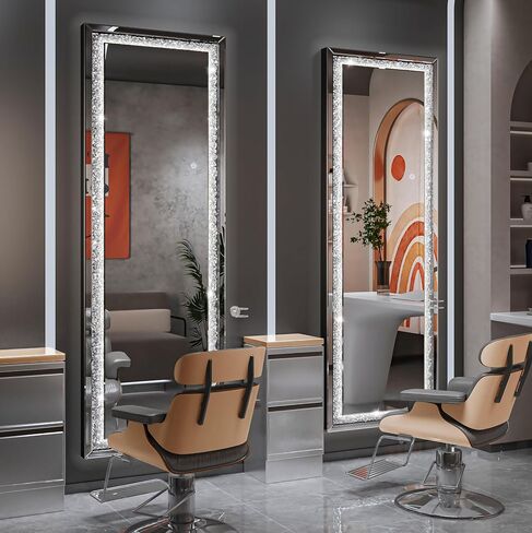 LED Over The Door Mirror Full Length 47"x18", Crystal Crush Diamond Full Body Door Mirror with Lights, Door Hanging & Wall Mounted Mirror for Bedroom, Living Room, Cloakroom in Saudi Arabia