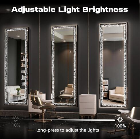 LED Over The Door Mirror Full Length 47"x18", Crystal Crush Diamond Full Body Door Mirror with Lights, Door Hanging & Wall Mounted Mirror for Bedroom, Living Room, Cloakroom in Saudi Arabia