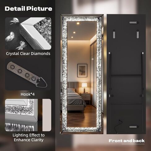 LED Over The Door Mirror Full Length 47"x18", Crystal Crush Diamond Full Body Door Mirror with Lights, Door Hanging & Wall Mounted Mirror for Bedroom, Living Room, Cloakroom in Saudi Arabia