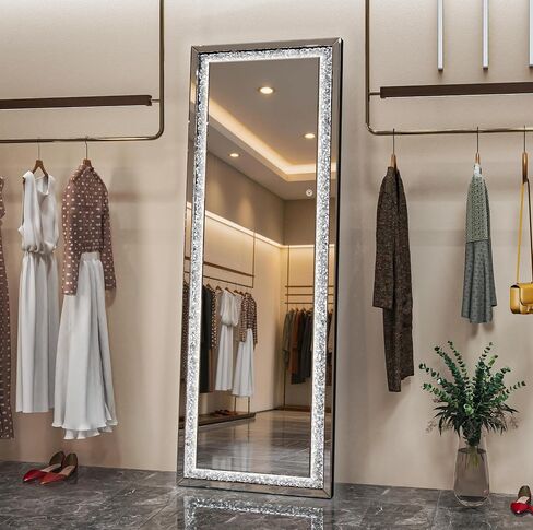 LED Over The Door Mirror Full Length 47"x18", Crystal Crush Diamond Full Body Door Mirror with Lights, Door Hanging & Wall Mounted Mirror for Bedroom, Living Room, Cloakroom in Saudi Arabia