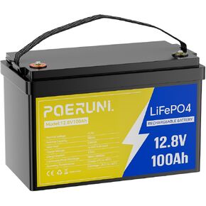 بطارية POERUNI.12.8V 100Ah LiFePO4، بطارية ليثيوم فوسفات الحديد ذات دورة عميقة للمركبات الترفيهية والطاقة الشمسية والبحرية ومحرك التصيد، طاقة 1280 وات في الساعة، عمر افتراضي يزيد عن 10 سنوات، نظام إدارة المباني المدمج (سهل الحمل) in Kuwait