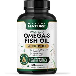 Built by Nature Omega 3 Fish Oil 1400 mg for Women & Men, 60 Softgels | Re-esterified Triglyceride Form (rTG), High EPA & DHA, Omega-3 Supplement in Kuwait