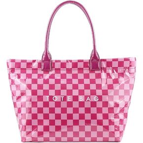 Lushandy PVC Tote Bag with Zipper Checkered Tote Bag Large Plastic Letters Print Hobo Handbag Checkered Purse for Work Travel | Waterproof Surface in Kuwait