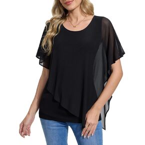 BAISHENGGT Womens Lightweight Mesh Double-Layered Blouses Asymmetrical Flowy Poncho Going Out Tops Shirts in Kuwait