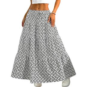 DERAX Women's Summer Boho Floral Maxi Skirt Flowy Flared Ruffle Elastic Waist A Line 2026 Spring Beach Long Skirts in Saudi Arabia
