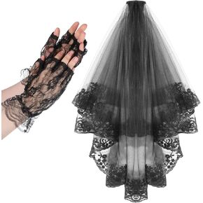 2Tiers Black Lace Wedding Veil, Short Veils with Comb, Ankle Lace Gloves for Women Brides in Saudi Arabia