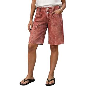 Flamingals Mid Waist Bermuda Shorts for Women Stitch Detail Keen Length Decor Front Trendy Shorts with Patched Pockets in Kuwait