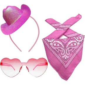 3 Pcs Cowgirl Hat Headband Set Mini Cowboy Hat Heart Glasses Bandana for Women Cowboy Party Costume Cosplay, Glitter Pink in Saudi Arabia