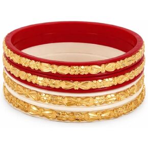Handcrafted Micro Gold Plated Sakha Pola Bangles Set of 4 - Traditional Bengali Red & White Bridal Jewelry Kangan for Women in Kuwait