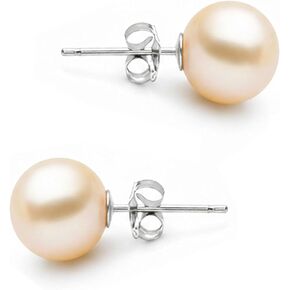 AAAA Grade 6–10mm Champagne Japanese Freshwater Cultured Pearl Stud Earrings, Solid 14k White or Yellow Gold, Natural Color Round, Gift Box and Certificate in Saudi Arabia