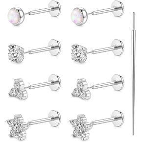 YACHY 8PCS Threadless Flat Back Earrings 18G CZ Cartilage Studs, 316L Surgical Steel Push Pin Helix Tragus Conch Medusa Lip Piercing Jewelry, Hypoallergenic Sleeping Earrings for Women Men in Saudi Arabia