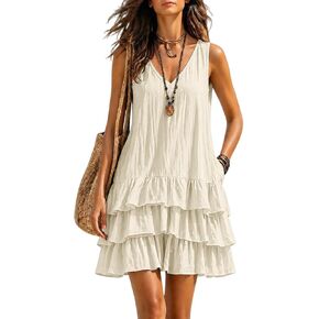 Linen Dresses for Women 2026 Sleeveless V Neck Tank Mini Dress Ruffle Tiered Swing Gauze Flowy Dress with Pockets in Kuwait