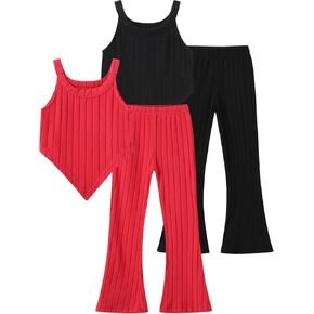 4 Piece Girls Heart-Shaped Clothing Sleeveless Ribbed Tank Tops and Flared Pants Summer Outfit 3-14Y in Kuwait