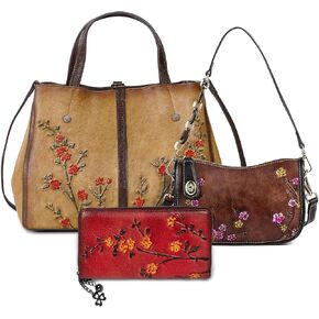 Genuine Leather Vintage Bag & Wallet Set for Women - Cowhide Crossbody Purse with RFID Blocking Wallet, Flower Embossed Retro Gift Combo in Saudi Arabia