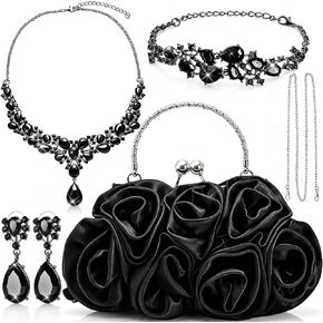 4 Pcs Rose Clutch Rhinestone Jewelry Set, Flower Evening Bag with Detachable Strap Necklace Bracelet Dangle Earrings, Women Satin Purse for Wedding Prom Party Banquet Gift in Saudi Arabia