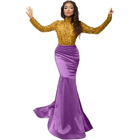 Sparkly Sequin Prom Dresses with Sleeves Satin Formal Dress Mermaid Evening Gown Long Open Back JS0024 in Saudi Arabia