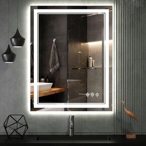 Backlit Bathroom Mirror, 55x30 Inch Gradient Front and Backlit Mirror, 3 Colors Dimmable CRI>90 Double Lights, IP54 Enhanced Anti-Fog, Hanging Plates Wall Mount LED Bathroom Mirror in Saudi Arabia