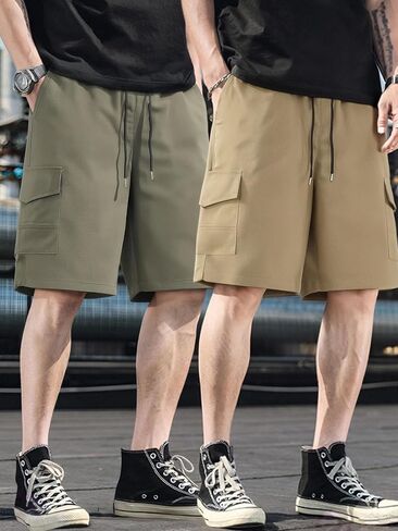 2-Pack Men's Cargo Shorts - Elastic Drawstring Waist, Multi Utility Pockets, Casual Work Shorts for Young Me in Kuwait