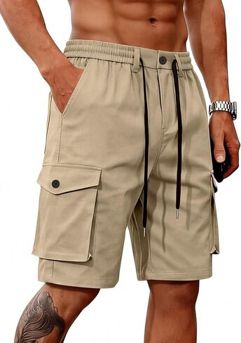 Mens Cargo Shorts Casual Lightweight Button Drawstring Outdoor Hiking Work Shorts with 6 Pockets in Saudi Arabia