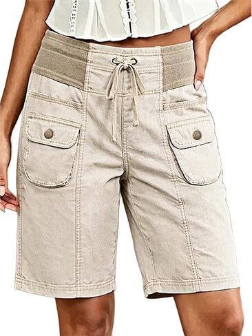 Flamingals Straight Leg High Rise Bermuda Shorts for Women Seam Front Drawstring Elastic Shorts with Flap Pockets in Kuwait
