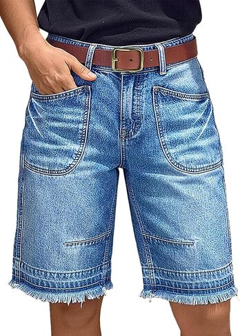 Flamingals Straight Leg Mid Waist Denim Bermuda Shorts for Women Raw Hem Keen Length Trendy Casual Jean Shorts Without Belt in Kuwait