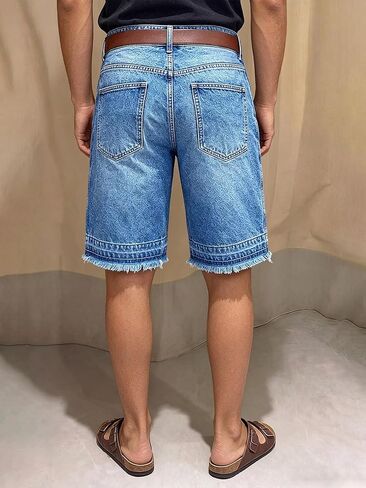 Flamingals Straight Leg Mid Waist Denim Bermuda Shorts for Women Raw Hem Keen Length Trendy Casual Jean Shorts Without Belt in Kuwait