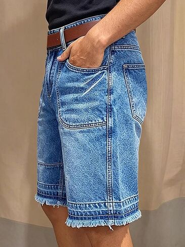 Flamingals Straight Leg Mid Waist Denim Bermuda Shorts for Women Raw Hem Keen Length Trendy Casual Jean Shorts Without Belt in Kuwait