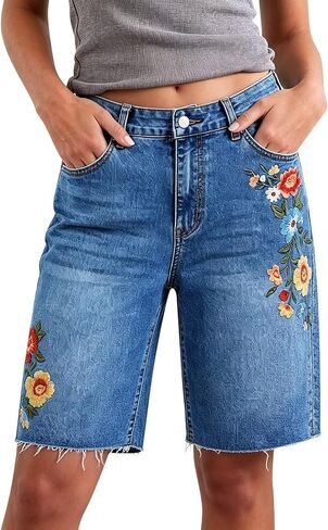 Flamingals Mid Rise Denim Bermuda Shorts for Women Wash Floral Embroidery Loose Fit Casual Summer Jean Shorts with Pockets in Kuwait