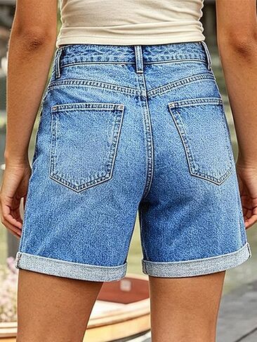 Flamingals Denim Shorts for Women Mid Thigh Mid Rise Wash Roll Hem Stretchy Jean Shorts Summer Casual with Layered Pockets in Kuwait