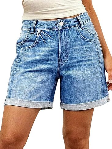 Flamingals Denim Shorts for Women Mid Thigh Mid Rise Wash Roll Hem Stretchy Jean Shorts Summer Casual with Layered Pockets in Kuwait