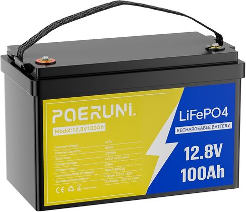 POERUNI.12.8V 100Ah LiFePO4 Battery, Lithium Iron Phosphate Deep Cycle Battery for RV, Solar, Marine, Trolling Motor, 1280Wh Power, 10+ Year Lifespan, Built-in BMS（Easy to carry） in Kuwait