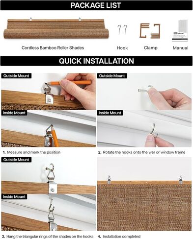 LazBlinds Manual Roll-up Bamboo Blinds, Easy Install Roller Shades for Windows, Hook-On Light Filtering Bamboo Shades for Interior Indoor Windows, 35" W x 48" H, Star-Off White in Saudi Arabia