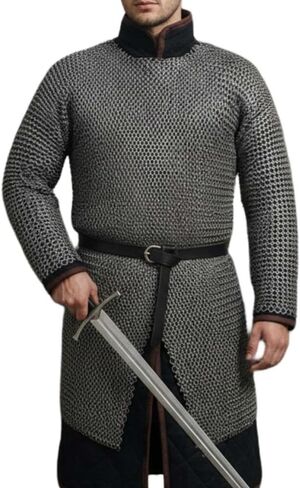 9mm Flat Riveted Chainmail Shirt, Medieval Chain Mail Hauberk with Solid Rings for Halloween in Saudi Arabia