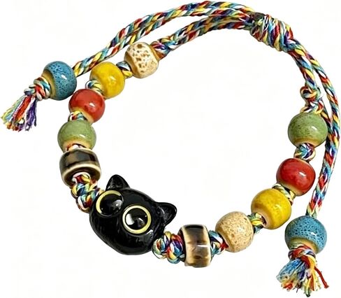 Charming Cat design Ceramic Bracelet with colorful caremic beads, Handmade Rope Weaving, Adjustable Length, Bohemian Style Wristband in Kuwait