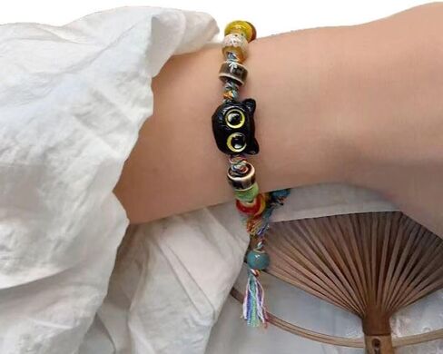 Charming Cat design Ceramic Bracelet with colorful caremic beads, Handmade Rope Weaving, Adjustable Length, Bohemian Style Wristband in Kuwait