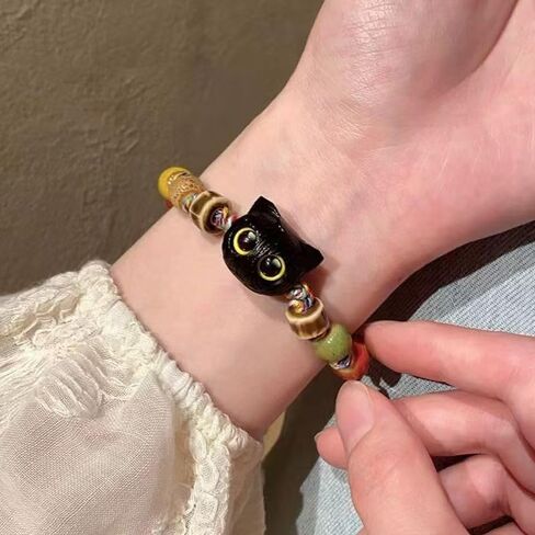 Charming Cat design Ceramic Bracelet with colorful caremic beads, Handmade Rope Weaving, Adjustable Length, Bohemian Style Wristband in Kuwait