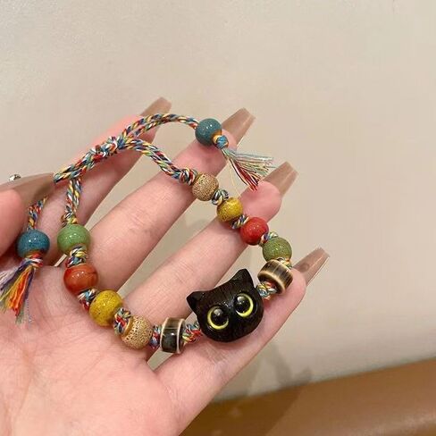 Charming Cat design Ceramic Bracelet with colorful caremic beads, Handmade Rope Weaving, Adjustable Length, Bohemian Style Wristband in Kuwait