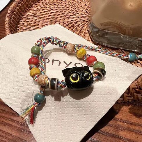 Charming Cat design Ceramic Bracelet with colorful caremic beads, Handmade Rope Weaving, Adjustable Length, Bohemian Style Wristband in Kuwait