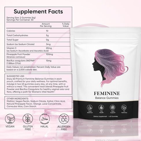 Nuora Feminine Balance Gummies for Women, PH Balance, Healthy Odor, Flora and Immune Support, Vaginal Health Support, Vegan Hawaiian Pineapple, 60 Count (1) in Kuwait