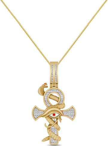Real Genuine Authentic VVS1/D Moissanite Diamond 14K Gold Finish Egyptian Ankh Cross Horus Evil Eye Of RA Serpent Snake Pendant Charm Chain Set in Kuwait