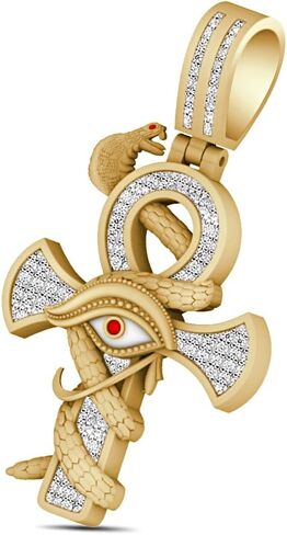 Real Genuine Authentic VVS1/D Moissanite Diamond 14K Gold Finish Egyptian Ankh Cross Horus Evil Eye Of RA Serpent Snake Pendant Charm Chain Set in Kuwait