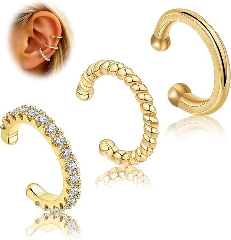 Ear Cuffs Earrings for Women-3PCS Non Piercing,14K Gold Plated Clips on Cartilage Earrings Cuff Set,Stackable Huggie Hoop Fake Piercing Jewelry in Saudi Arabia