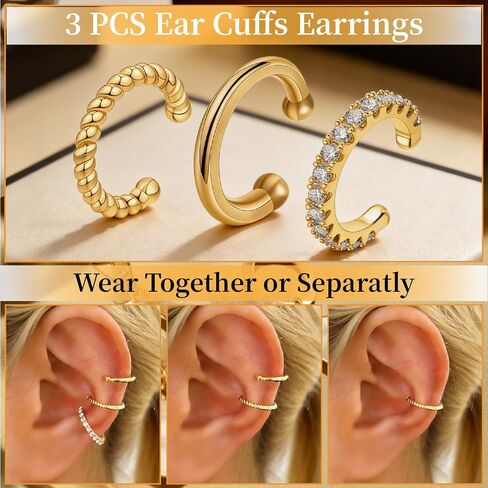 Ear Cuffs Earrings for Women-3PCS Non Piercing,14K Gold Plated Clips on Cartilage Earrings Cuff Set,Stackable Huggie Hoop Fake Piercing Jewelry in Saudi Arabia